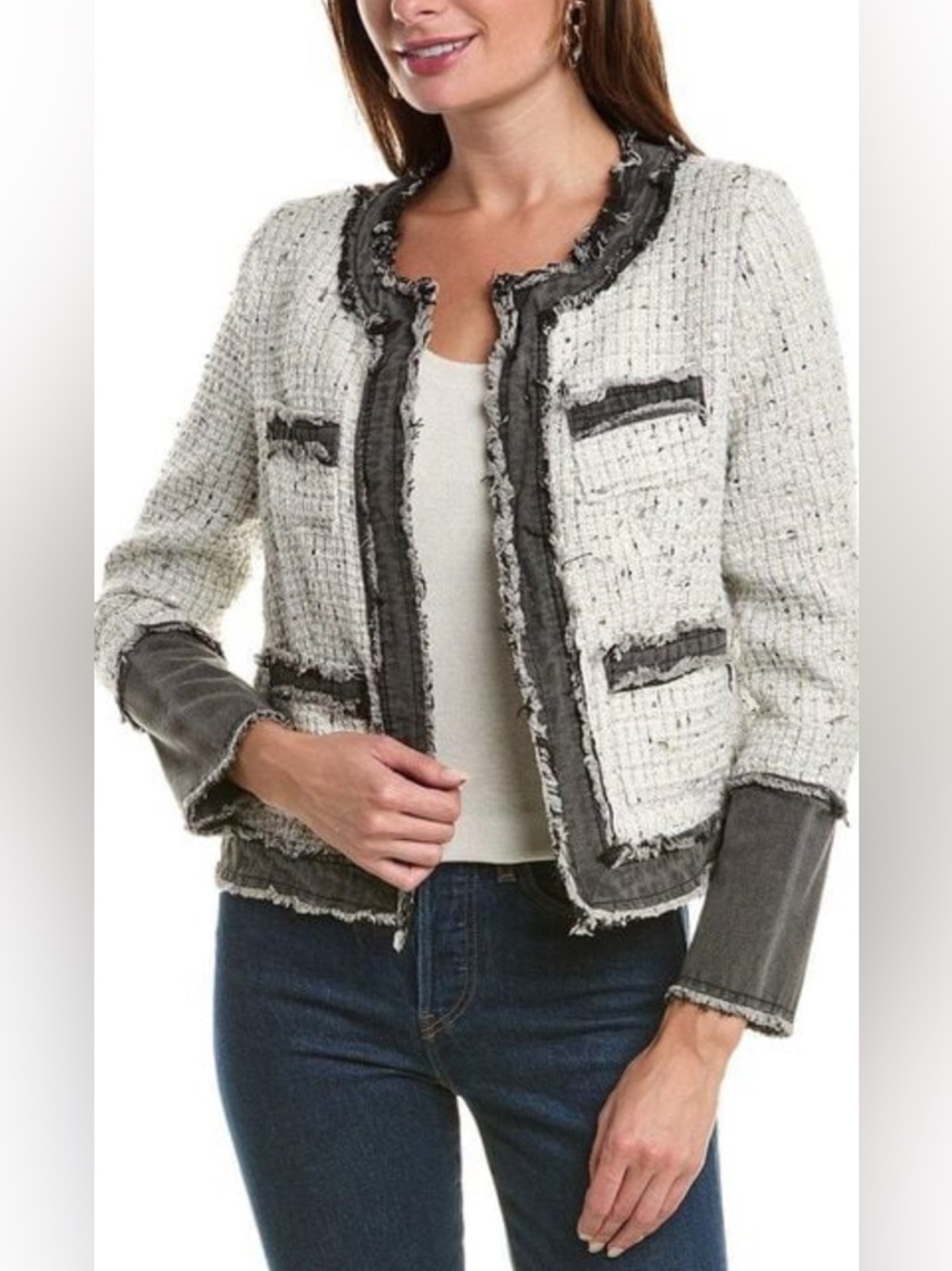 Nanette Lepore White Tweed Jacket with Gray Trim